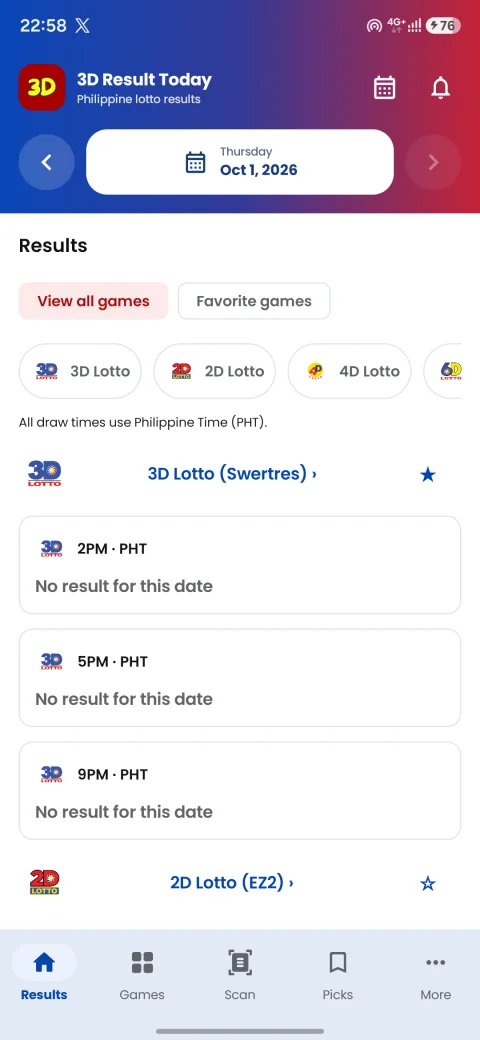 3D Result Today Android results screen with game shortcuts, draw date and favorite games